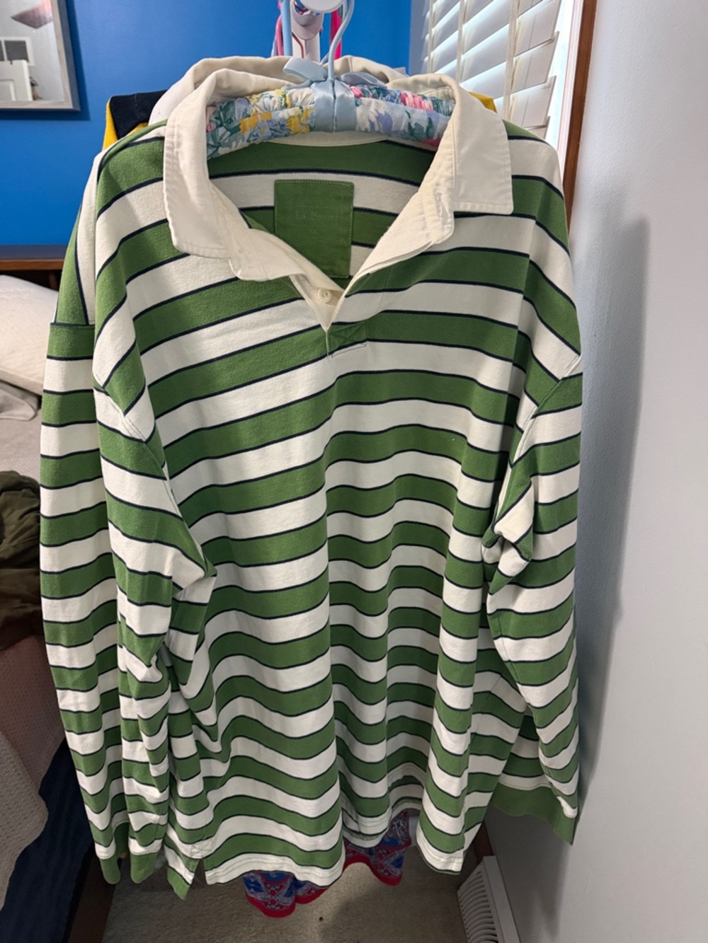 L.L. Bean Green and Cream Striped Long-Sleeve Rugby Shirt